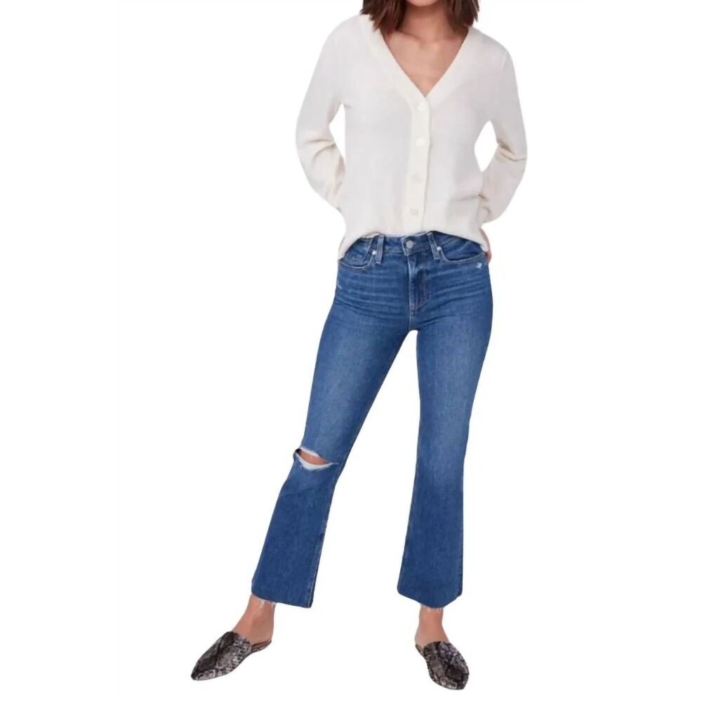 Paige Colette Crop Flare Jeans in Blaine Destructed Blue Stretch Denim size 25